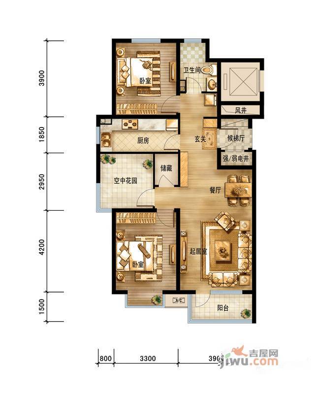 浭阳新城2室2厅1卫113㎡户型图