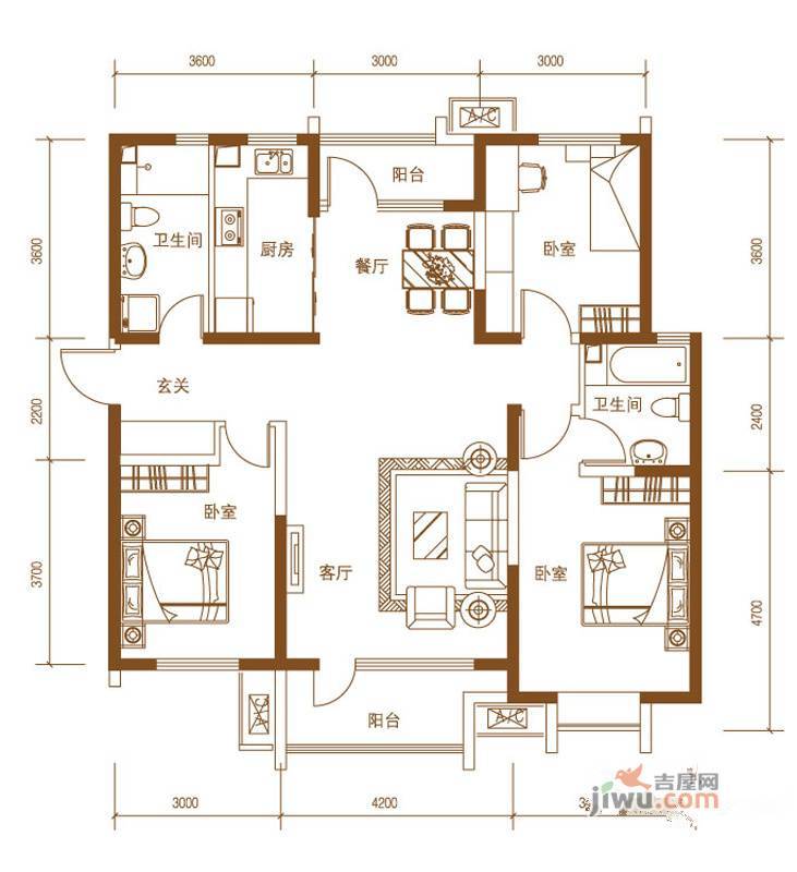 浭阳新城2室2厅2卫140㎡户型图