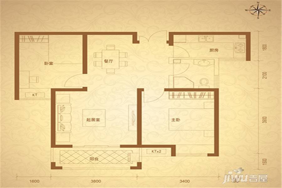 金桥国际2室2厅1卫84.2㎡户型图