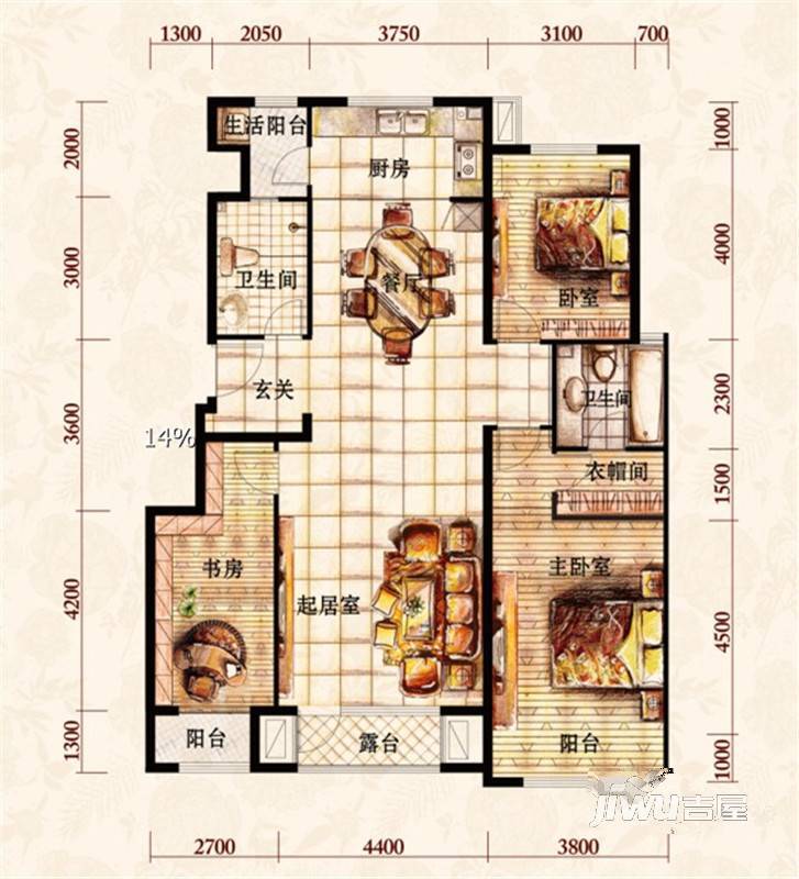 红赫世家3室2厅2卫150.5㎡户型图