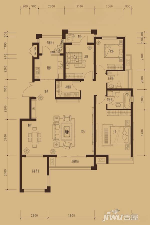 建投熙湖3室2厅2卫144㎡户型图