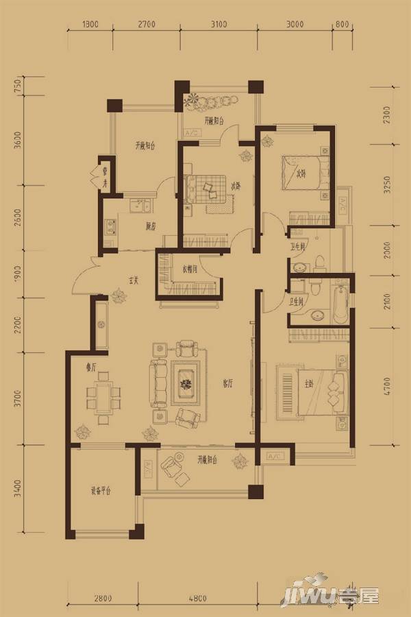 建投熙湖3室2厅2卫155㎡户型图