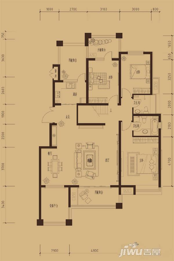 建投熙湖3室2厅2卫189㎡户型图