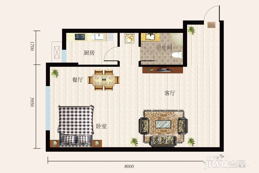 唐城壹号1室2厅1卫60.3㎡户型图