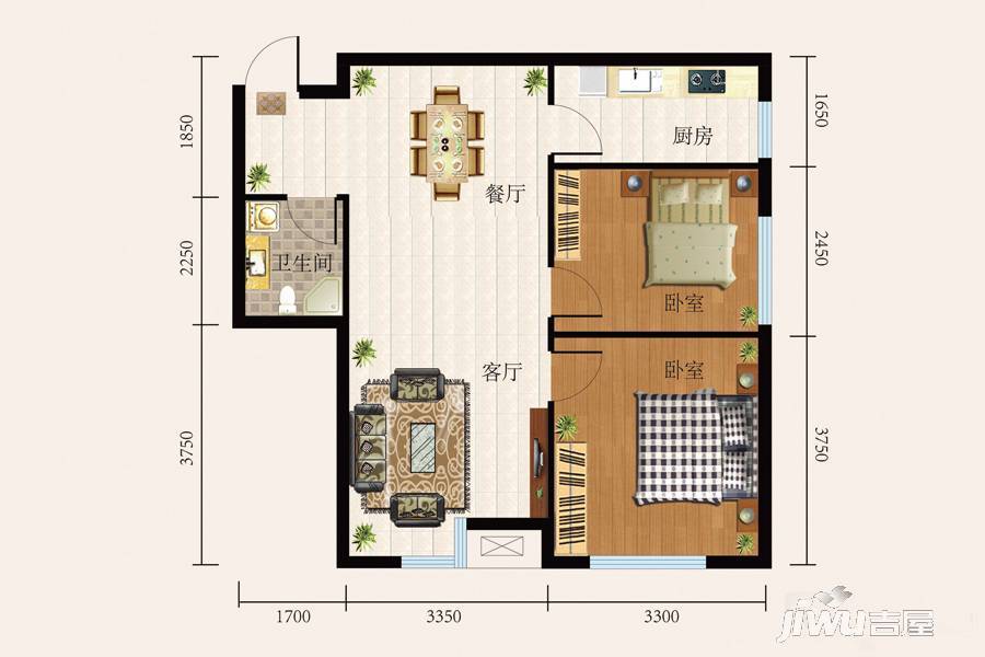 唐城壹号2室2厅1卫77.3㎡户型图