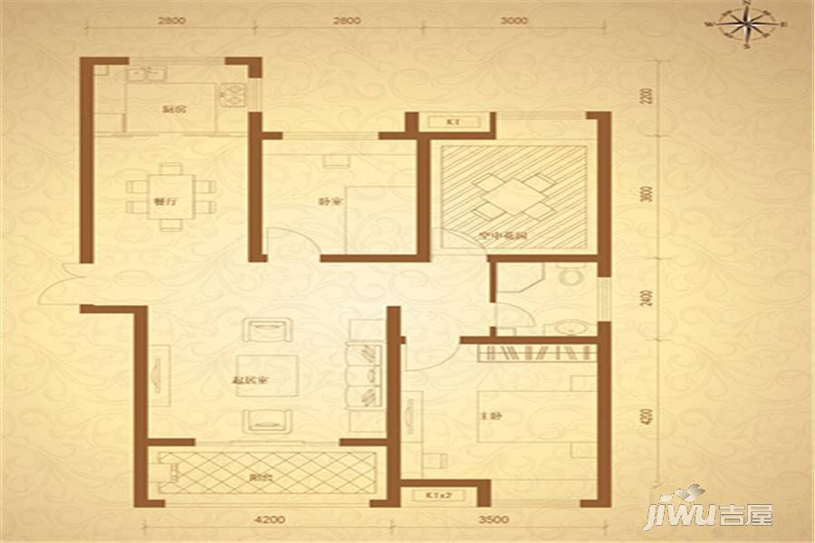 金桥国际2室2厅1卫105.5㎡户型图