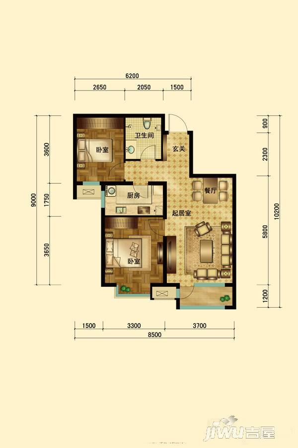 浭阳新城2室2厅1卫97㎡户型图