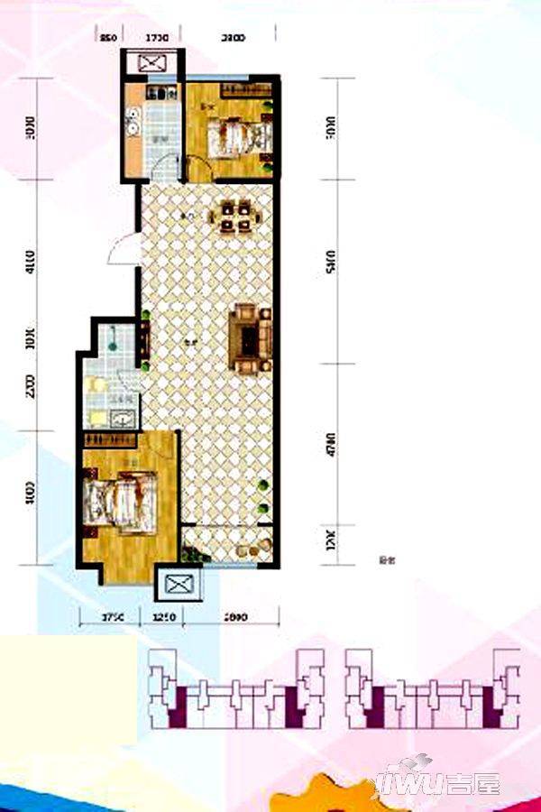 恒基荷唐悦色2室2厅1卫95㎡户型图