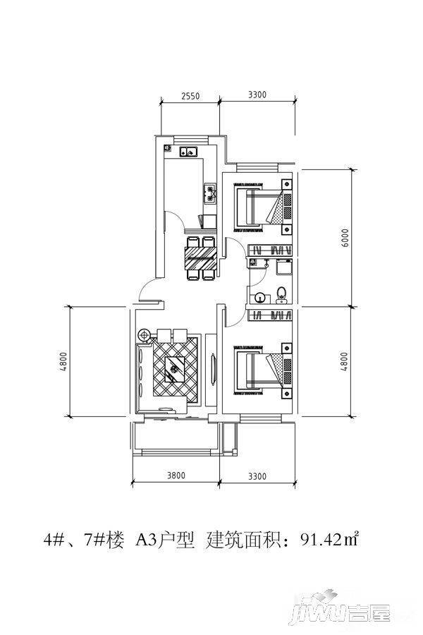 瑞安盛境2室2厅1卫91.4㎡户型图