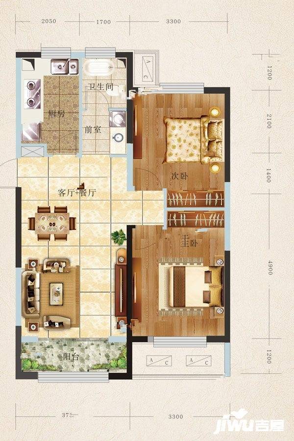 金山壹号三期2室2厅1卫89㎡户型图