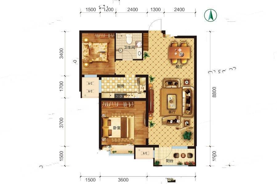 浭阳锦园2室2厅1卫91㎡户型图