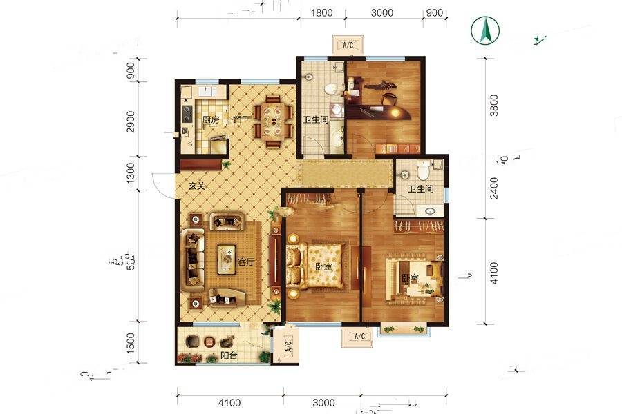 浭阳锦园3室2厅2卫133㎡户型图