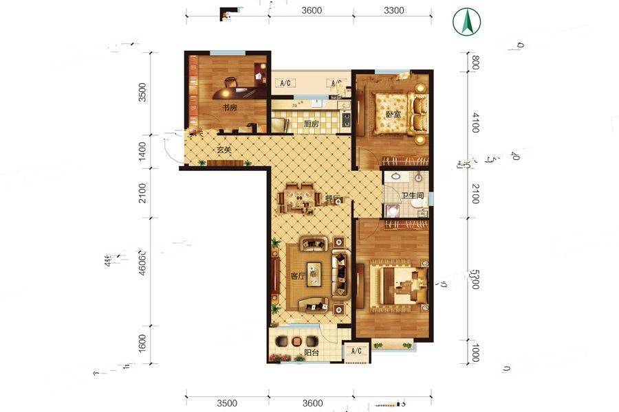 浭阳锦园3室2厅1卫121㎡户型图