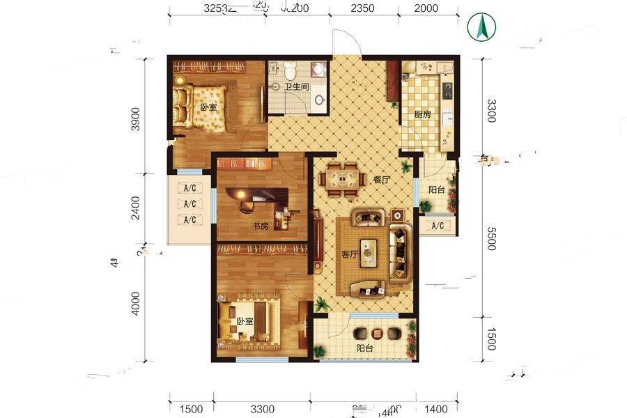 浭阳锦园3室2厅1卫107㎡户型图