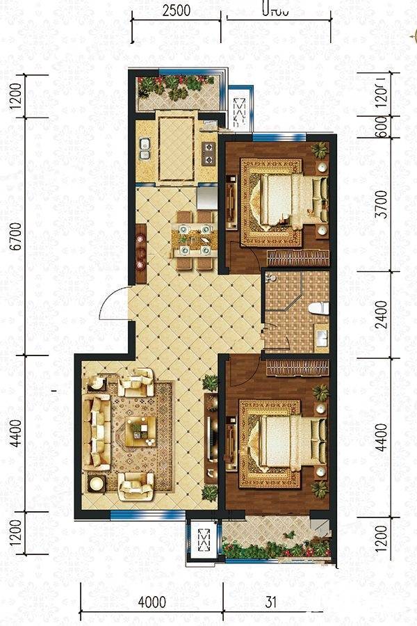 六合中源大观2室2厅1卫95.3㎡户型图