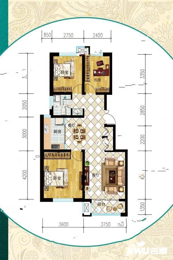 钢城春邑3室2厅1卫102㎡户型图