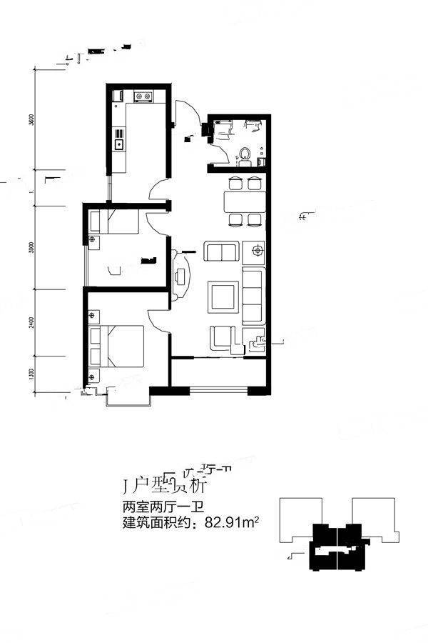 唐山新野上郡2室2厅1卫82.9㎡户型图