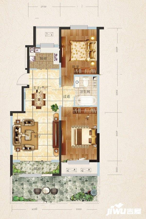 金山壹号三期2室2厅1卫91㎡户型图