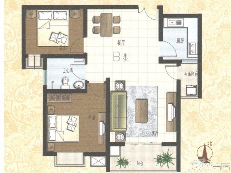 银堤漫步2室2厅1卫90.6㎡户型图