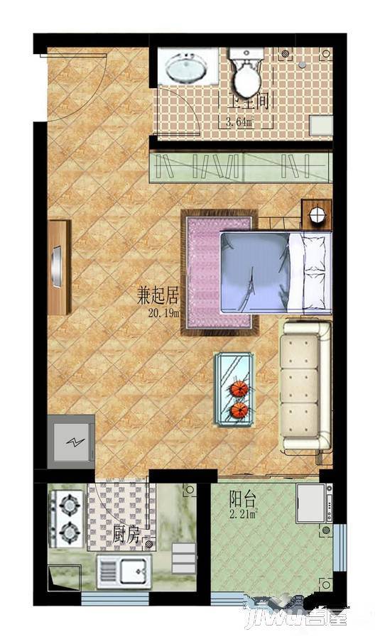 复兴社区1室1厅1卫45㎡户型图