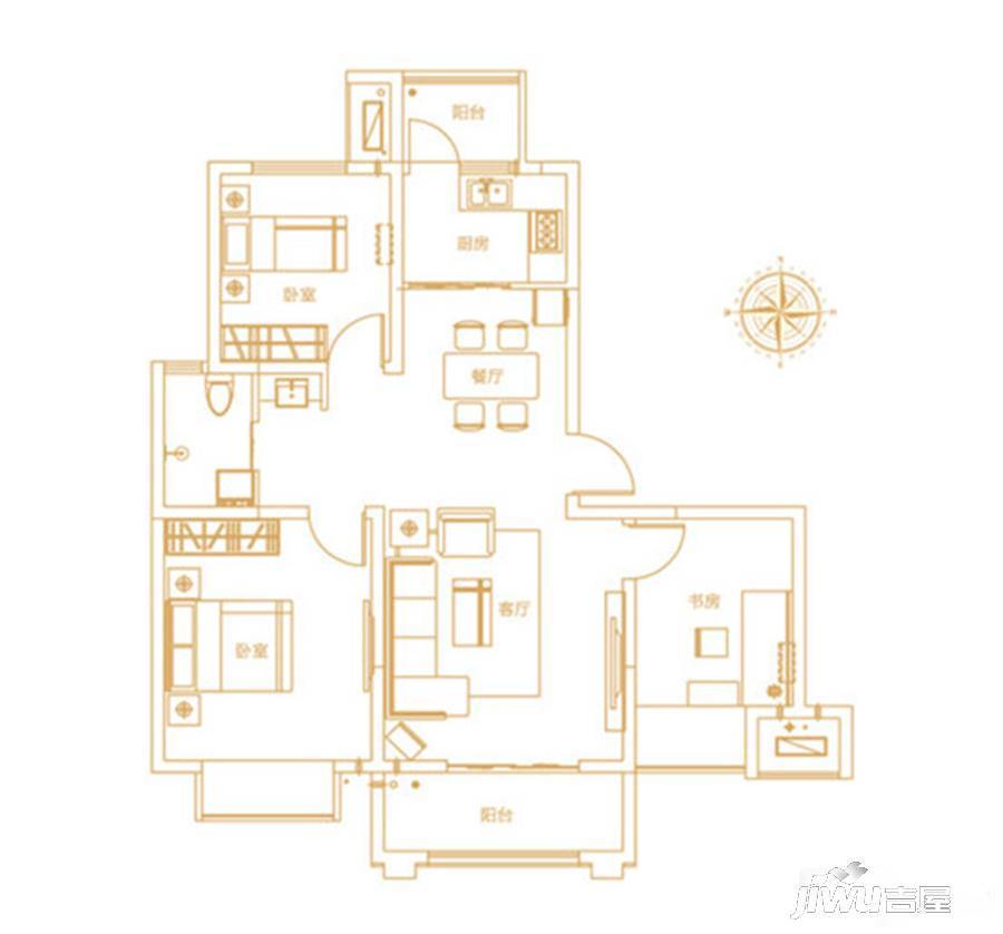 恒隆广场3室2厅2卫124㎡户型图