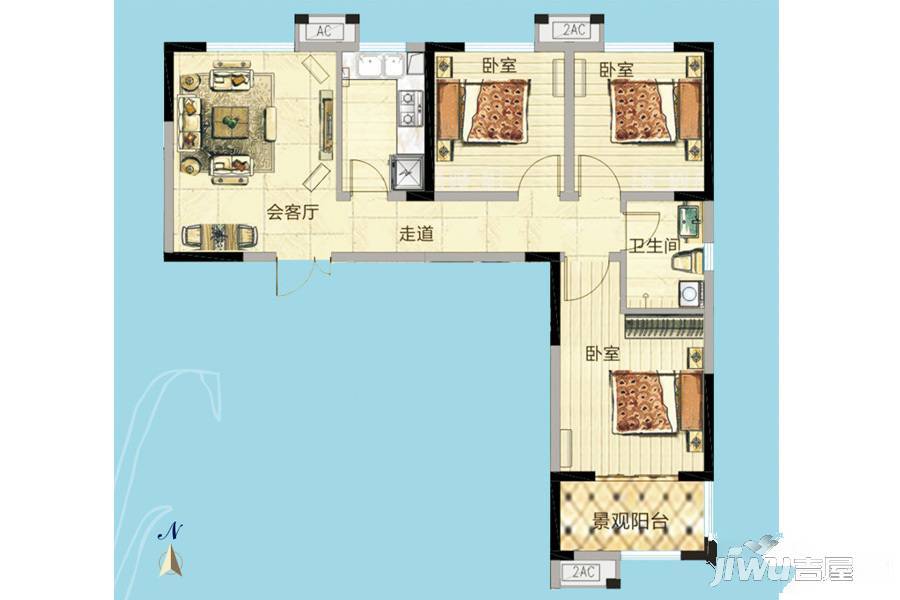 复兴社区3室1厅1卫91.5㎡户型图