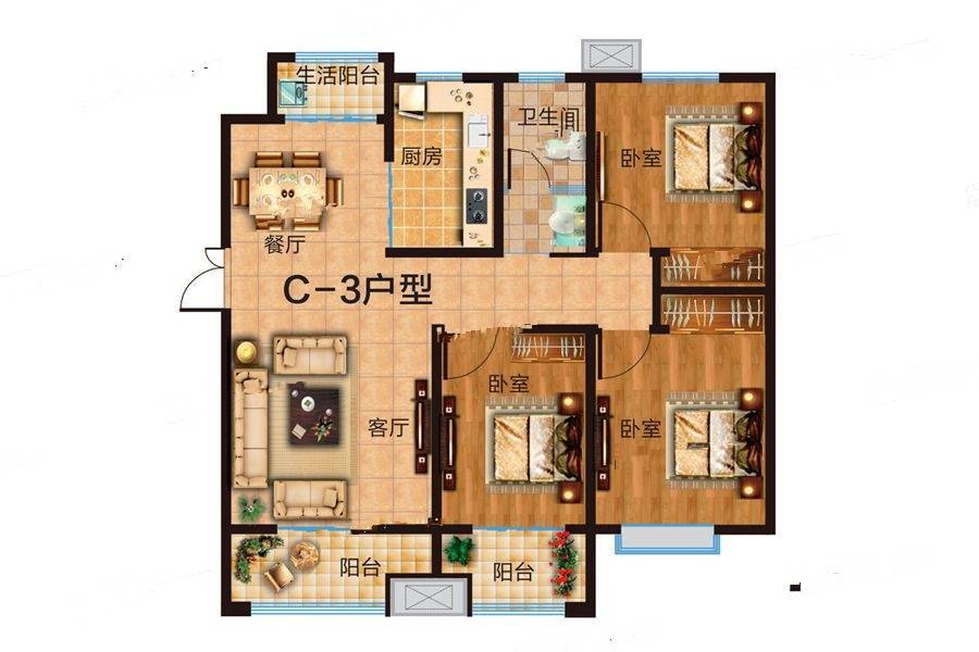 博丰明钻3室2厅1卫133.8㎡户型图