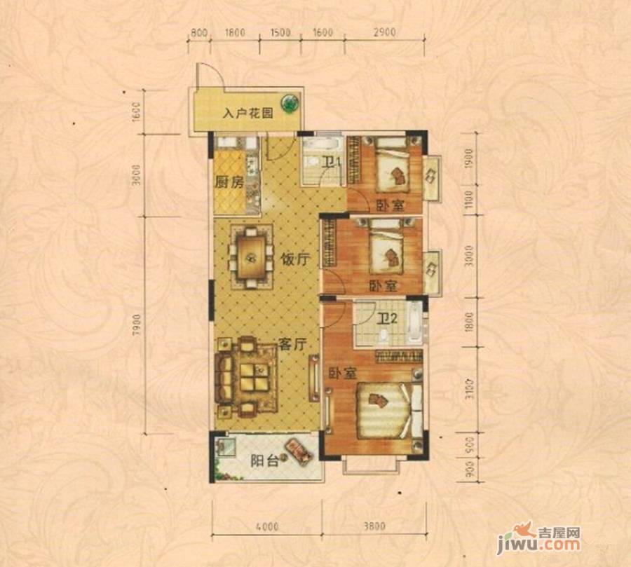 华海雅居3室2厅2卫110㎡户型图