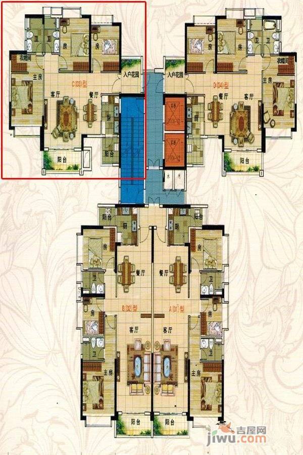 西湖花苑3室2厅2卫121.6㎡户型图