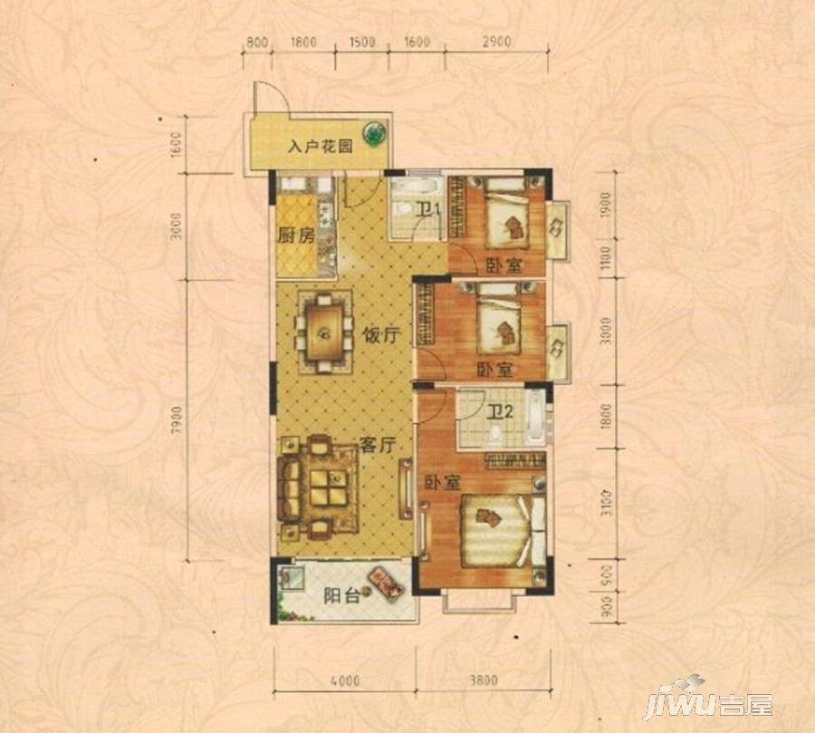 华海雅居3室2厅2卫110㎡户型图