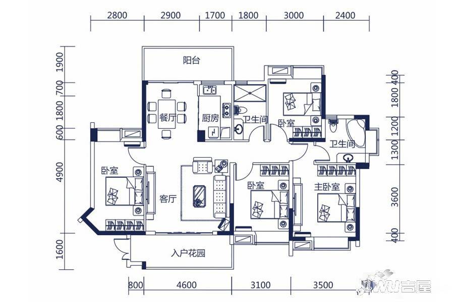 滨海湾一号4室2厅2卫142.3㎡户型图