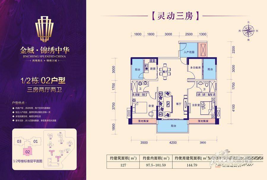 金城·锦绣中华3室2厅2卫127㎡户型图