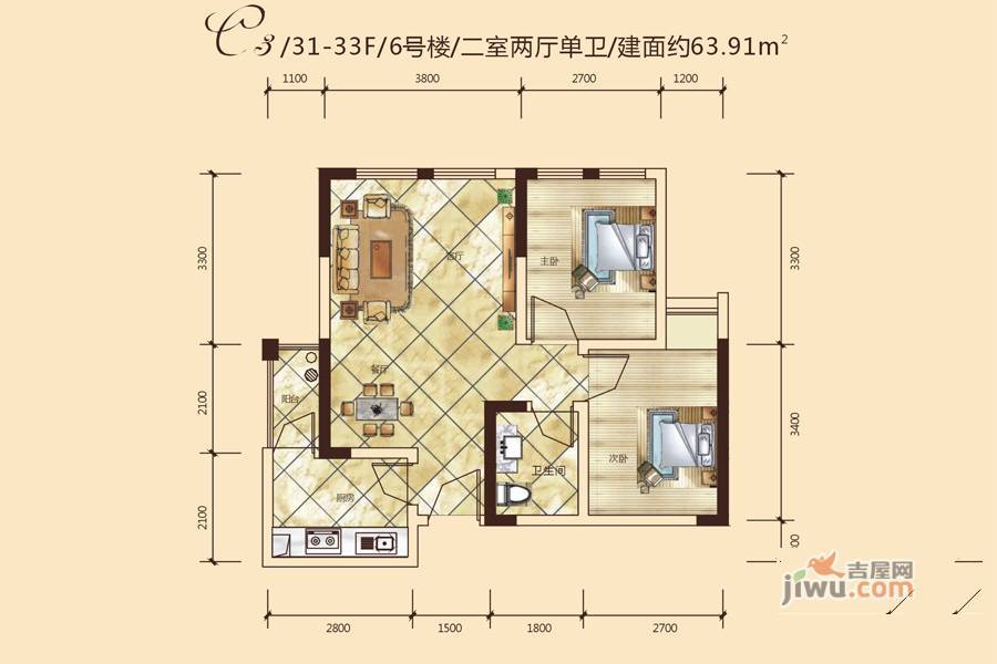 宗颐香山郦居2室2厅1卫63.9㎡户型图