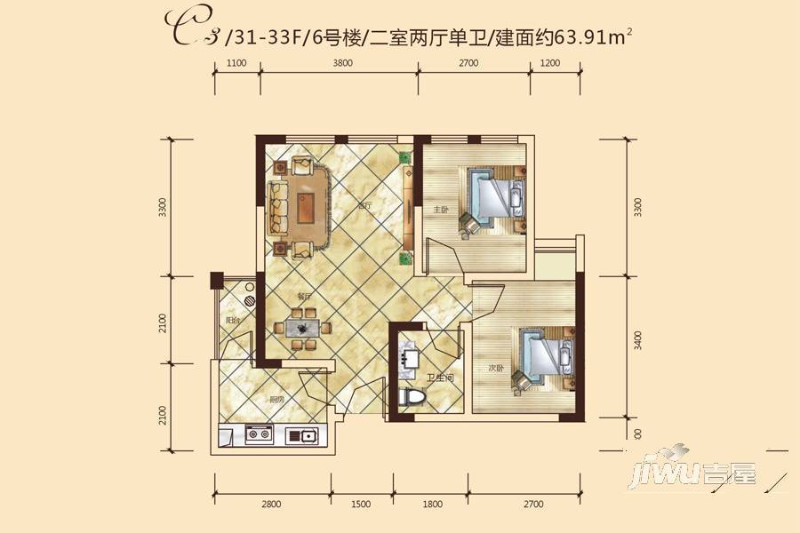 宗颐香山郦居2室2厅1卫63.9㎡户型图