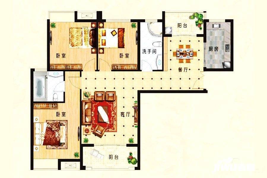 齐星长森园3室2厅2卫126.5㎡户型图