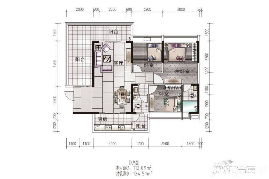 东方花园3室2厅2卫134.5㎡户型图