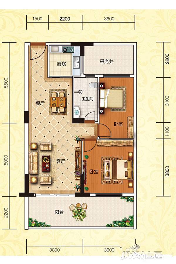 霭霖花园2室2厅1卫93.7㎡户型图