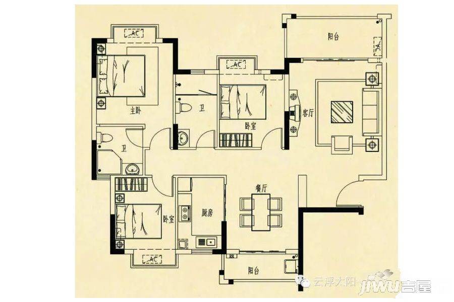 太阳城花园3室2厅2卫116㎡户型图