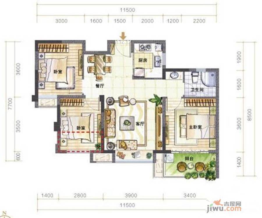 紫金山体育公园3室2厅1卫105㎡户型图