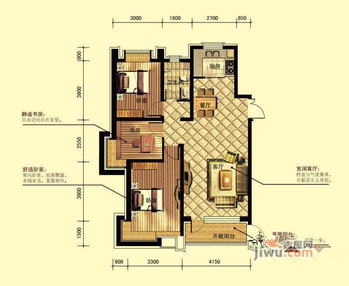 宝地福湾3室2厅1卫115㎡户型图