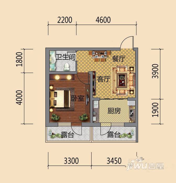 凯隆康桥水郡1室1厅1卫46.4㎡户型图