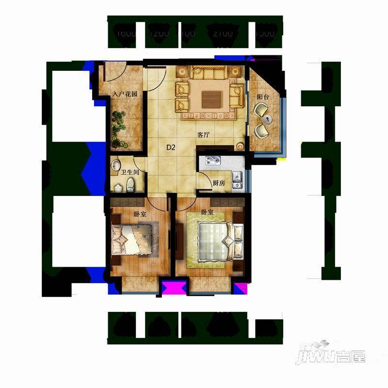 中大广场2室1厅1卫68.8㎡户型图