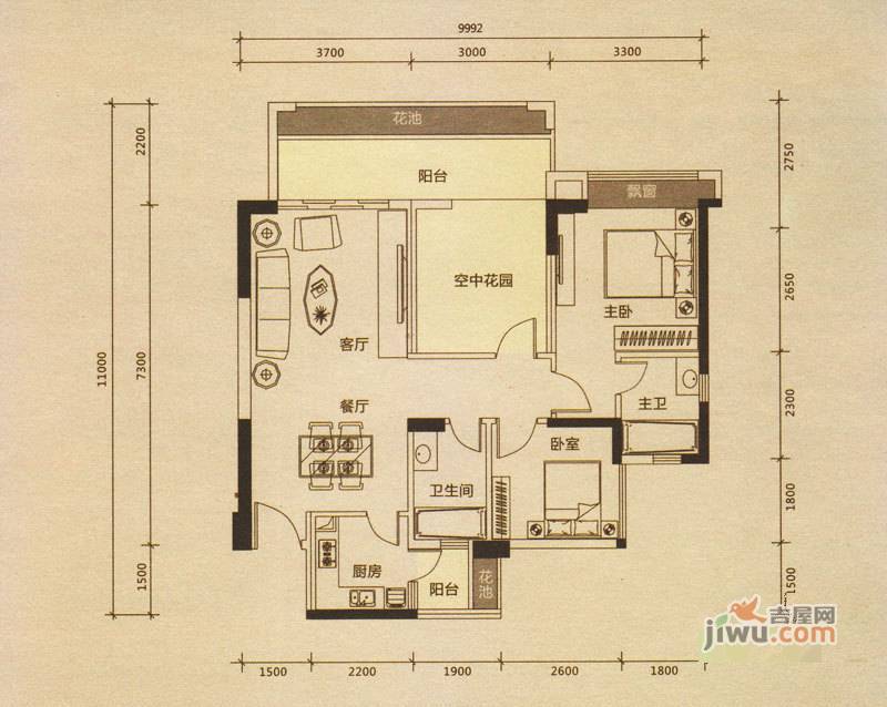 东城四季2室2厅2卫90㎡户型图