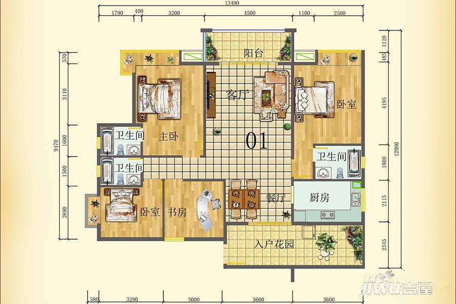 东海岸花园4室2厅3卫136.8㎡户型图