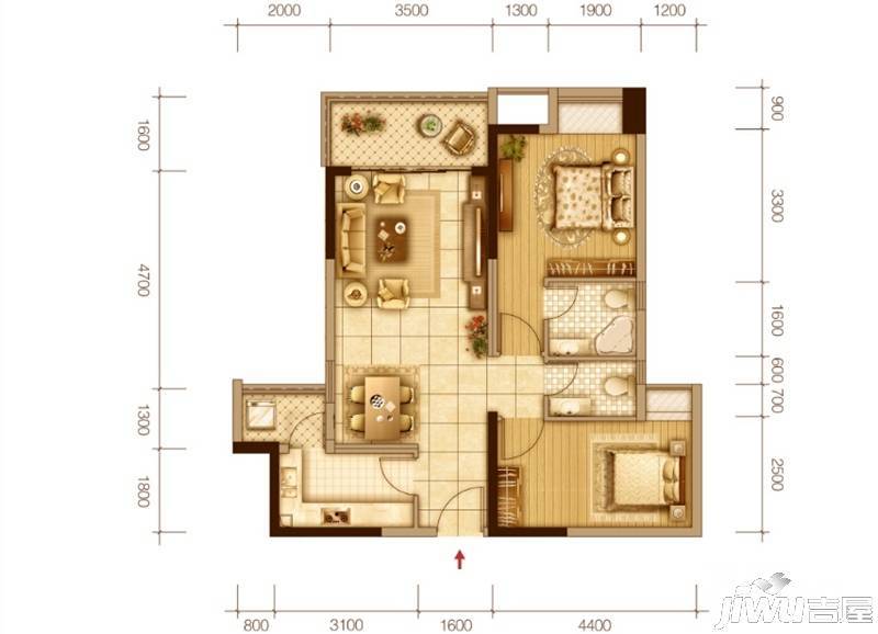 誉峯名门2室2厅2卫80.7㎡户型图