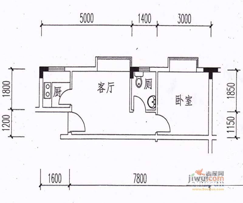 广裕花园二期1室1厅1卫33.9㎡户型图