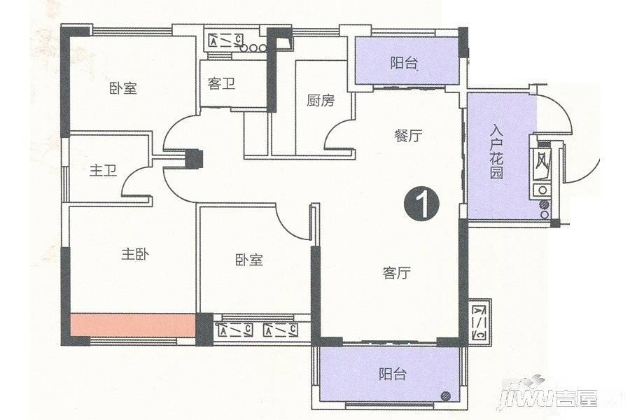 金帝繁华里3室2厅2卫101.6㎡户型图