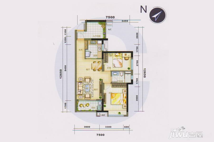 万科金域蓝湾2室2厅1卫85㎡户型图