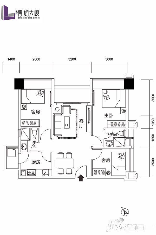 正邦博贸大厦3室2厅2卫88㎡户型图