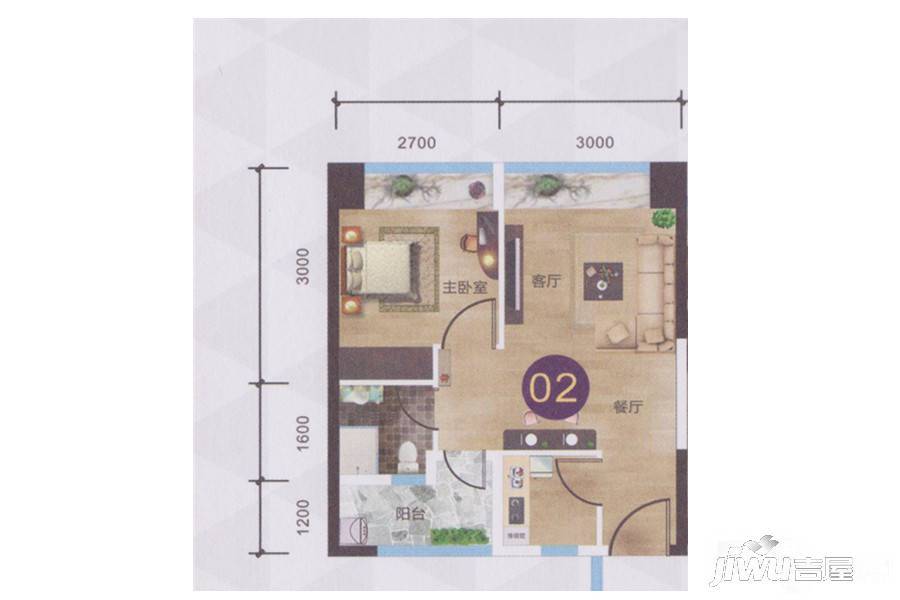 汇美豪庭1室2厅1卫44.5㎡户型图